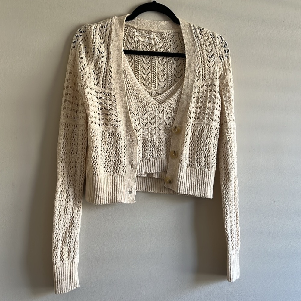 Anthropologie cream/tan XS cropped cardigan button up sweater with matching tank - Picture 3 of 4